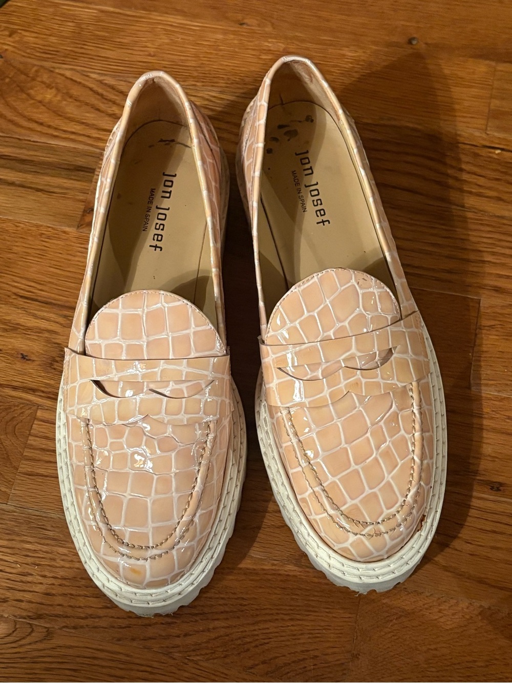 Jon Josef pink/peach patent leather croc-embossed chunky lug sole penny loafers